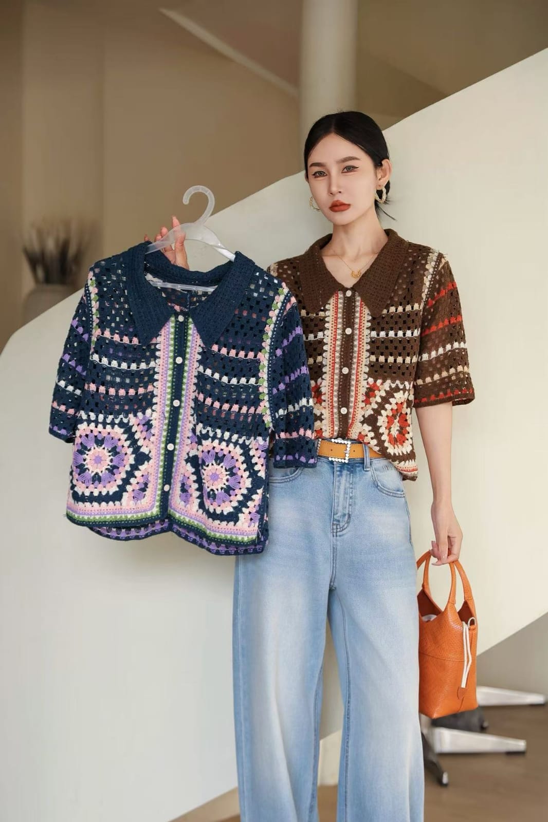Beautiful Crochet Collar Top - brown multicolour model wearing with navy purple variant on hanger