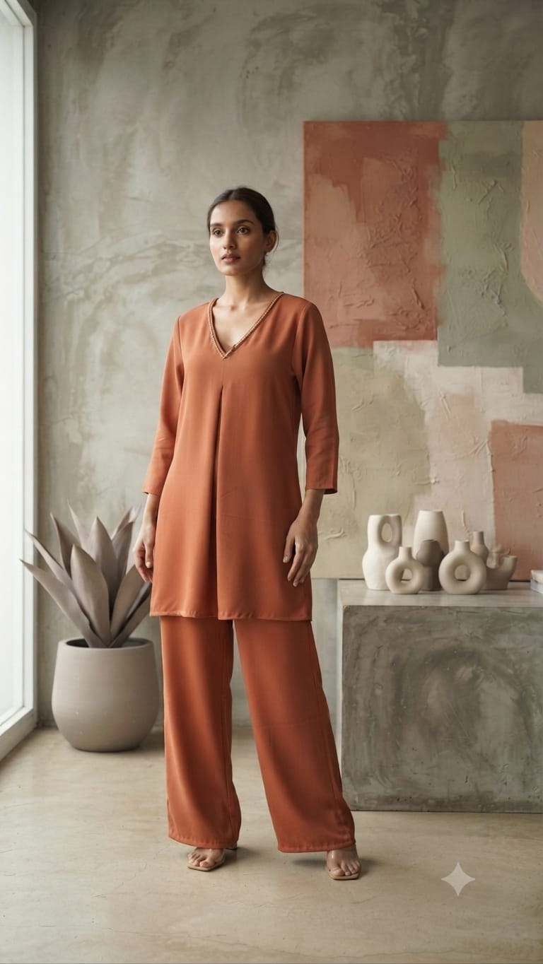 Designer Neck Work Co-Ord Set - Sage Green model shot
