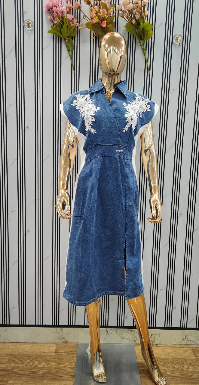 Denim Dress with Lace Detailing - model shot front