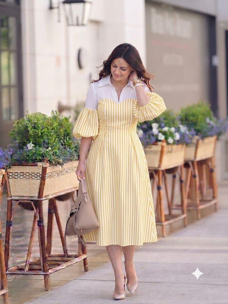 Cotton Stripe Dress - Yellow Stripe model shot