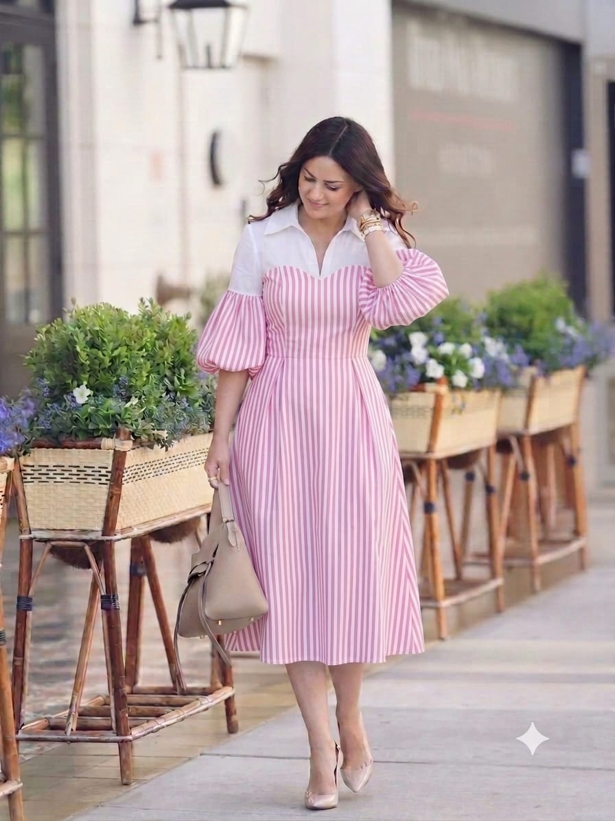 Cotton Stripe Dress - Pink Stripe model shot