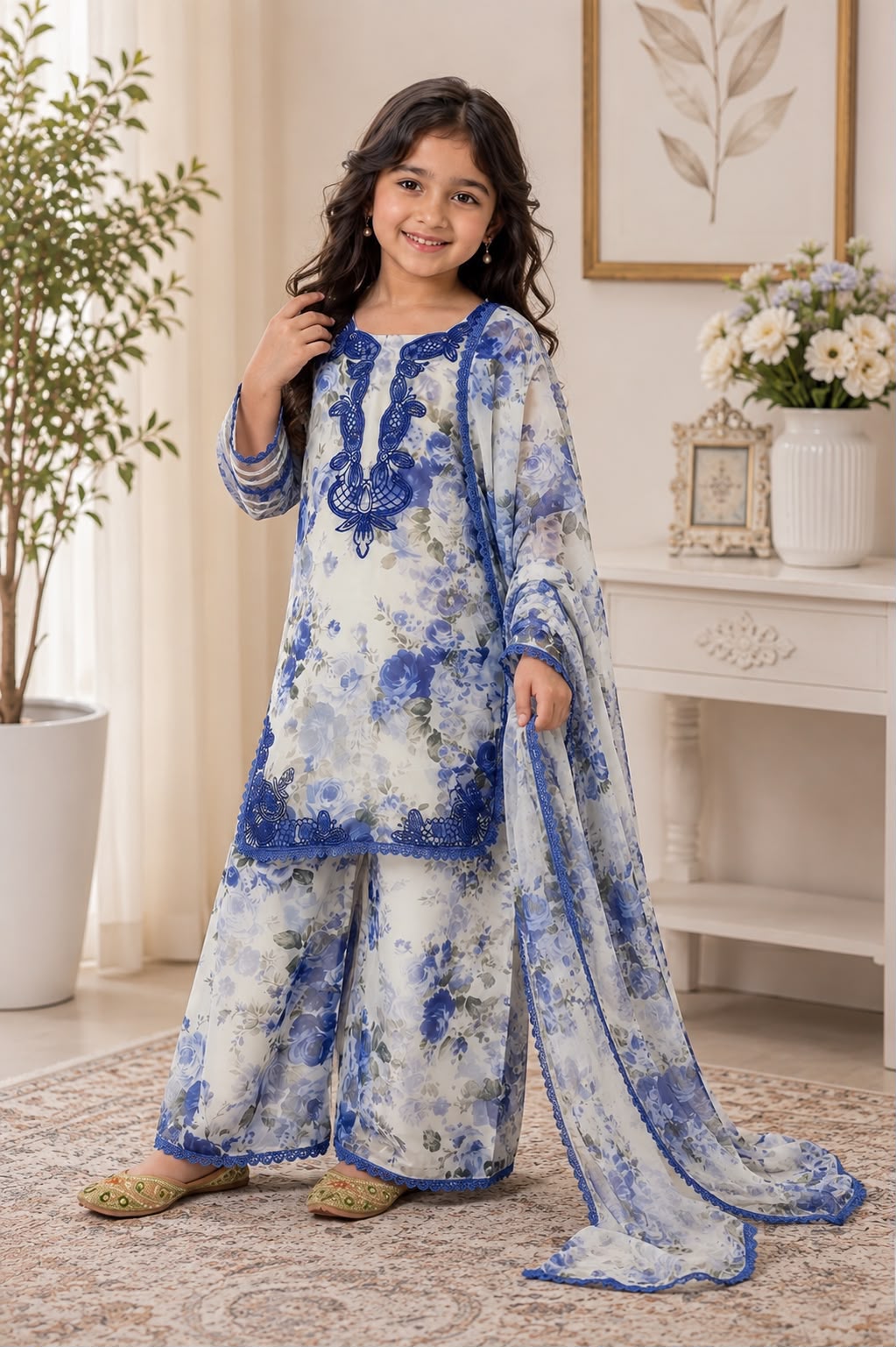 Blue floral georgette kids suit set - girl model full length