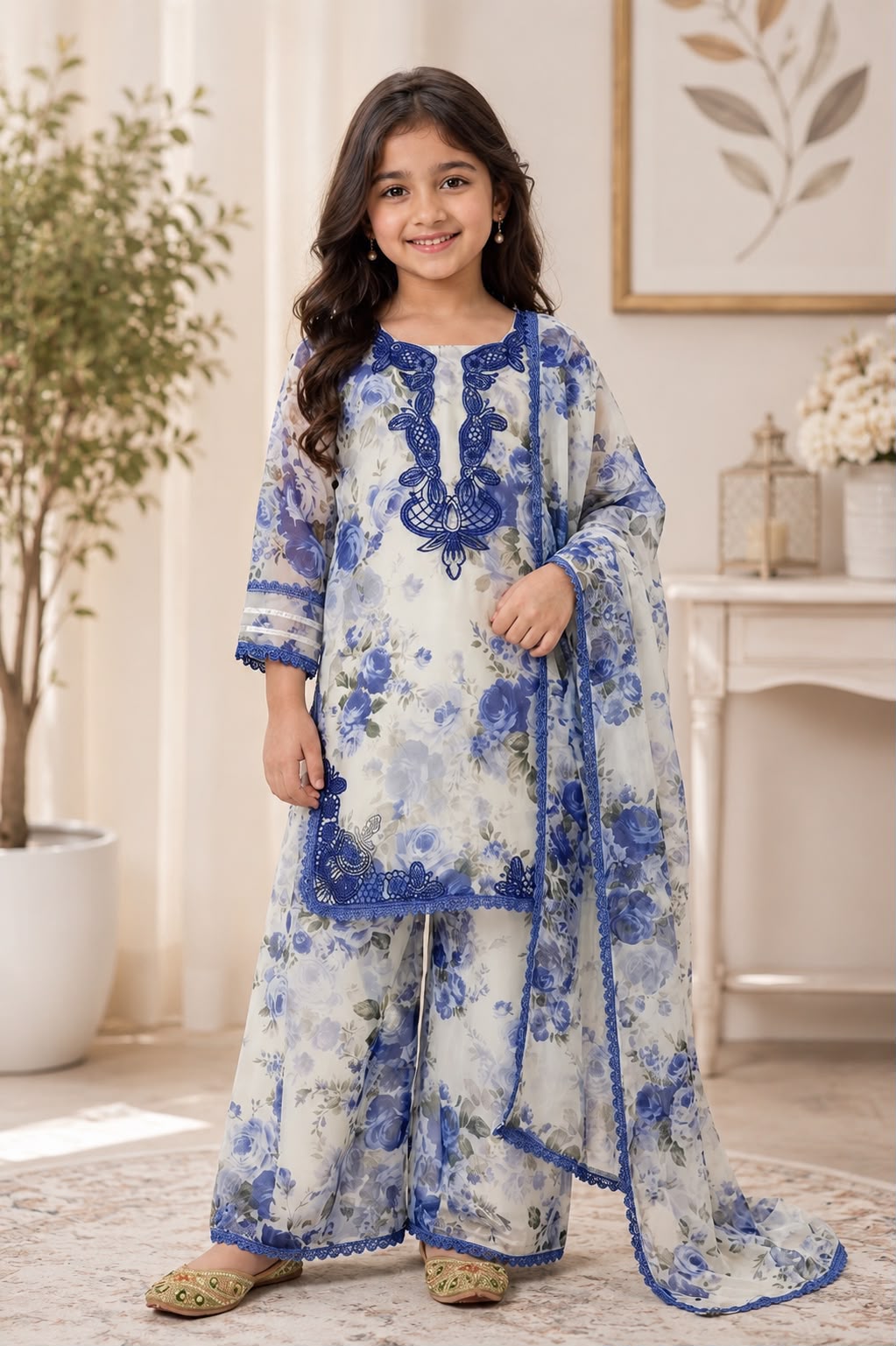 Blue floral georgette kids suit set - girl model front