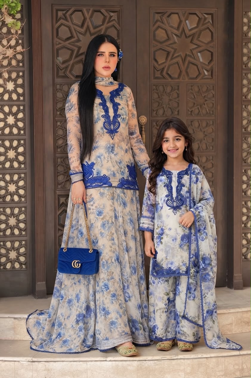 Blue floral georgette mother daughter suit set - front view