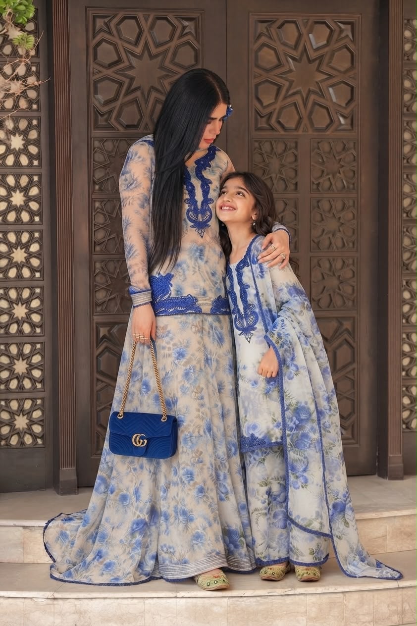 Blue floral georgette kids suit set - flat lay