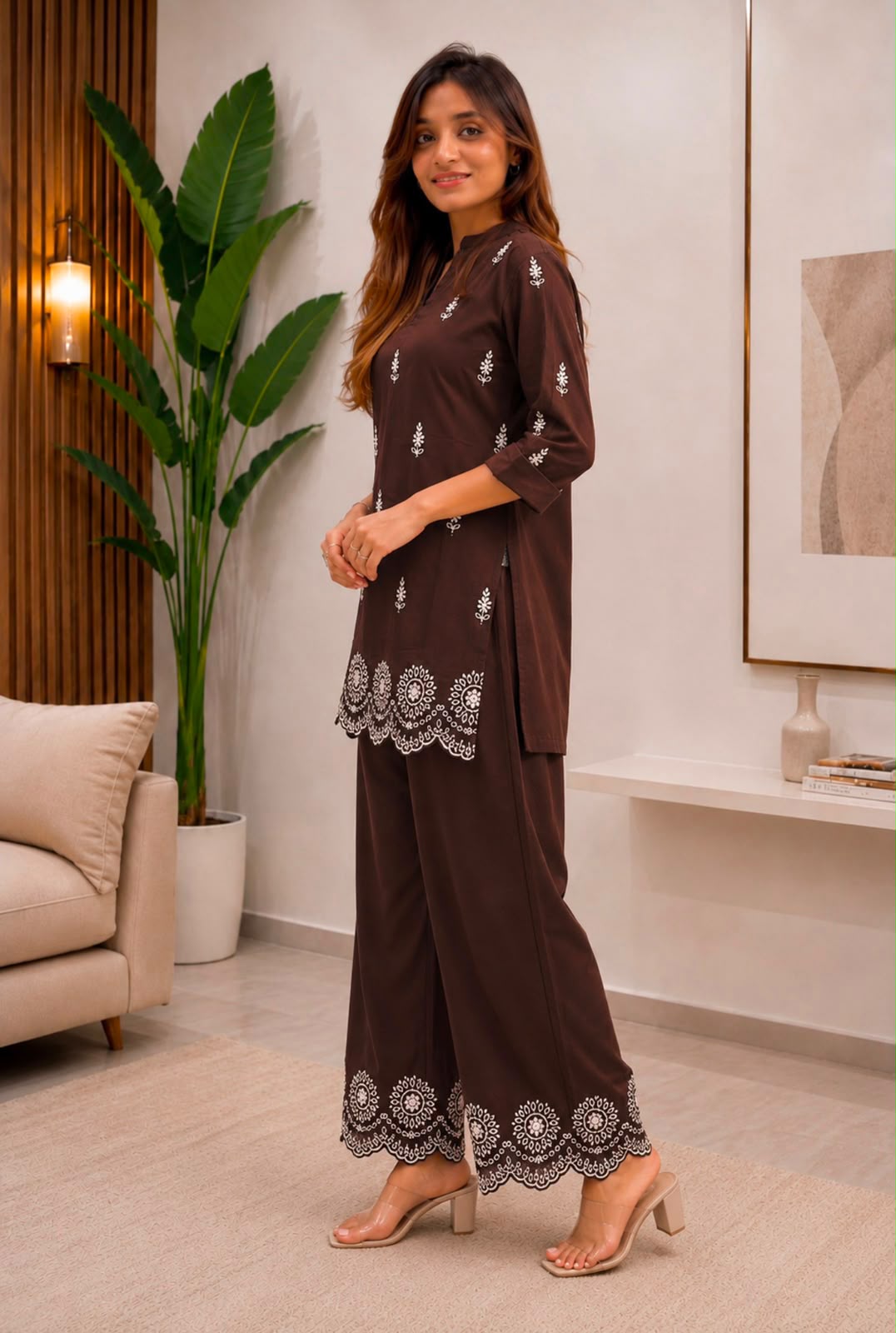Off white embroidery straight fit co-ord set - front view model