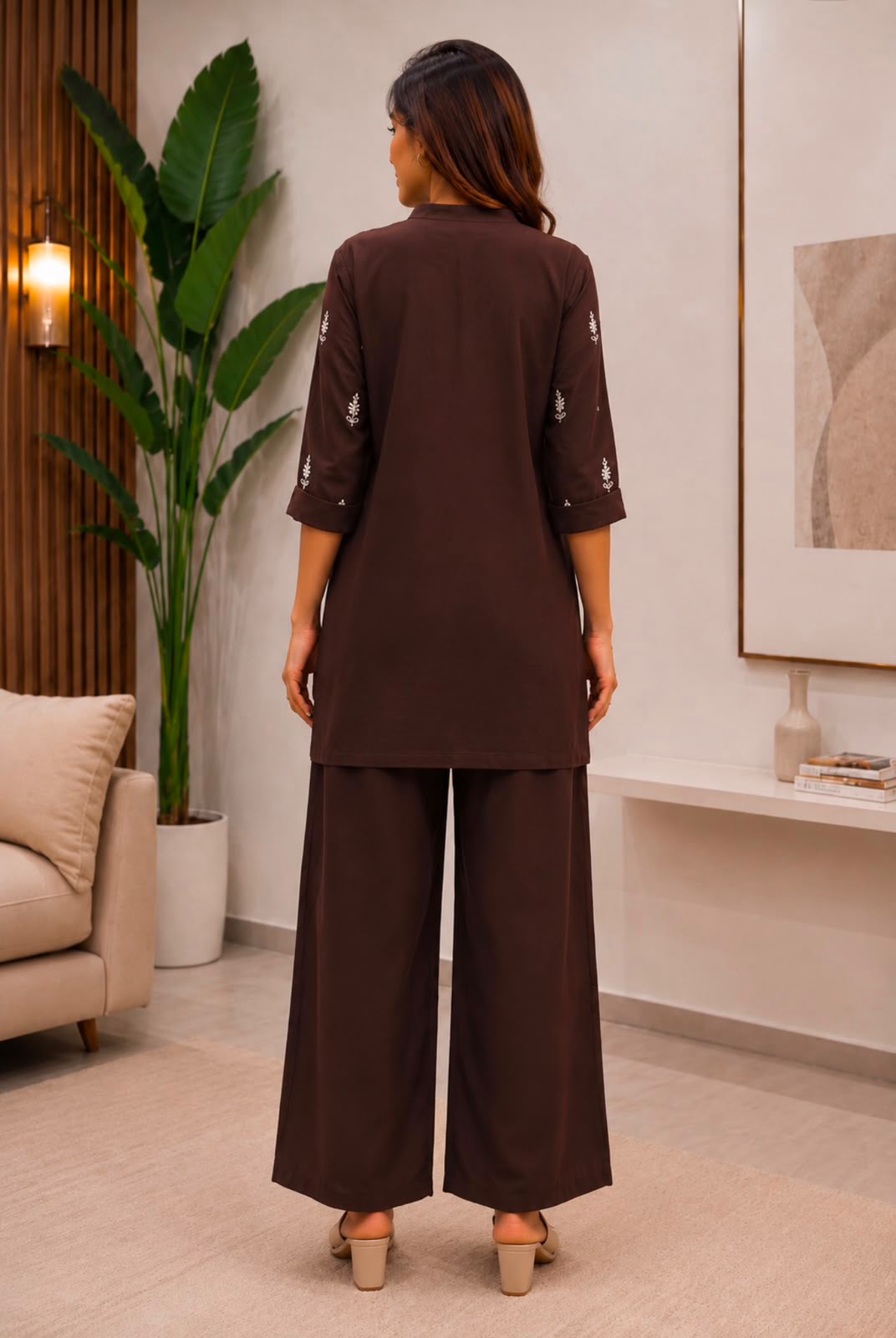 Brown embroidery co-ord set - model standing pose
