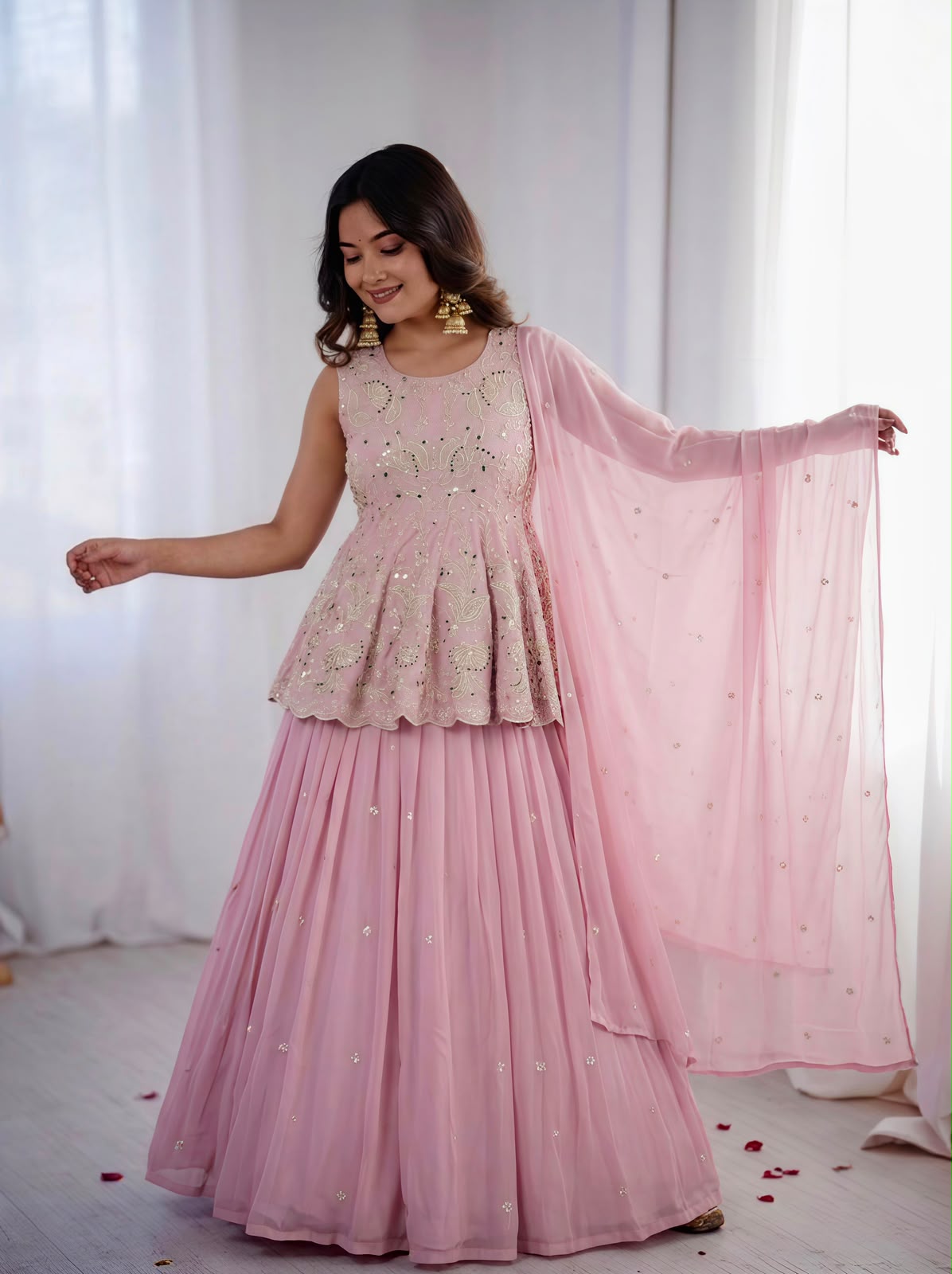 Rose pink peplum top and lehenga flat lay with dupatta