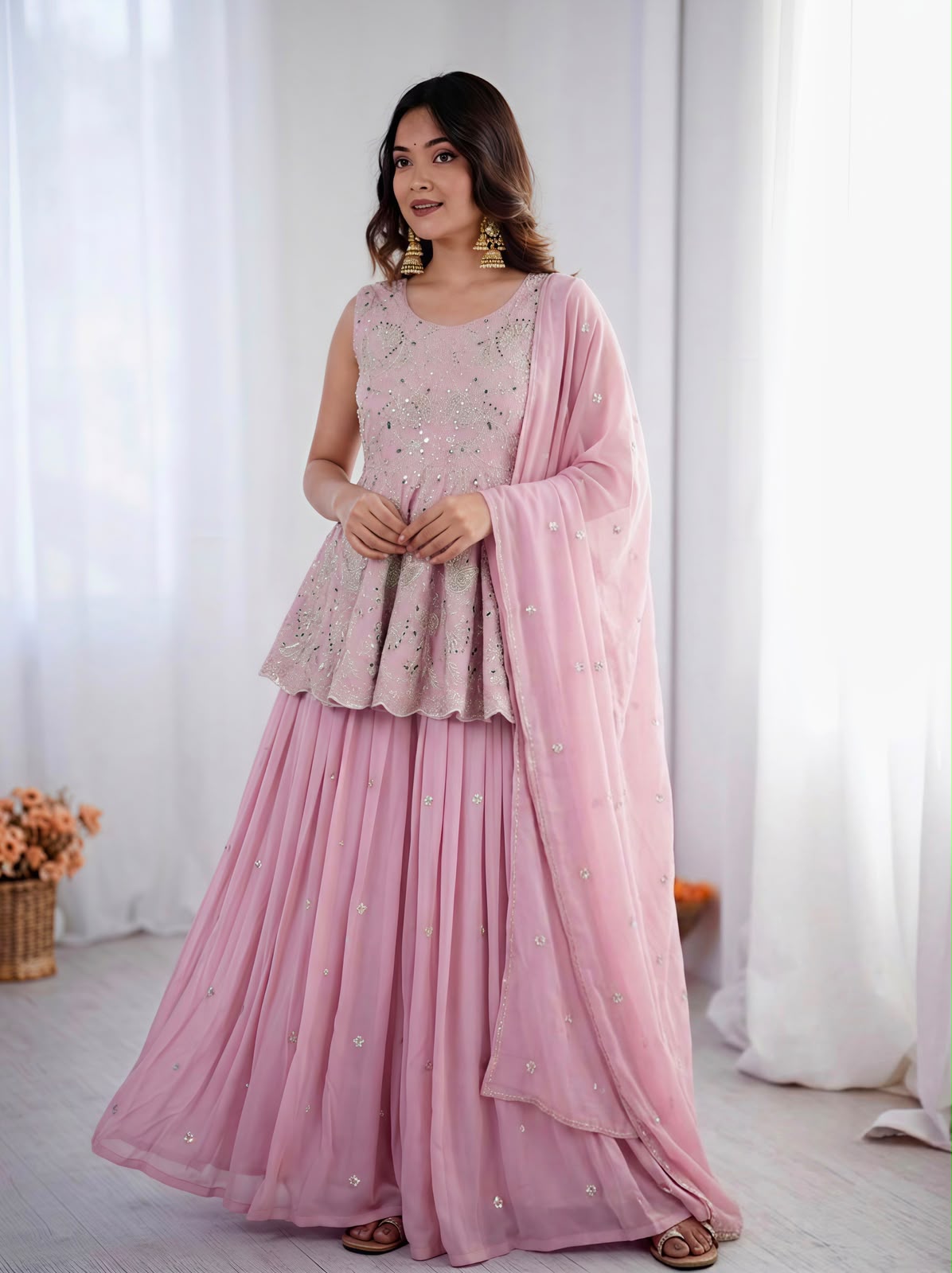 Rose pink peplum sharara set - model front view with dupatta