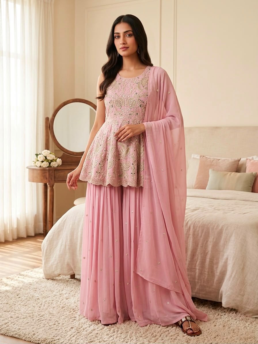 Rose pink peplum sharara set - model side view
