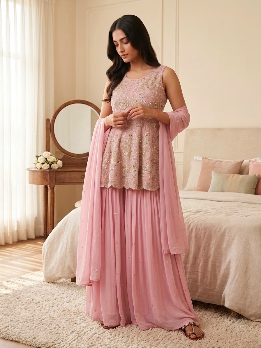 Rose pink peplum top and lehenga flat lay - top view
