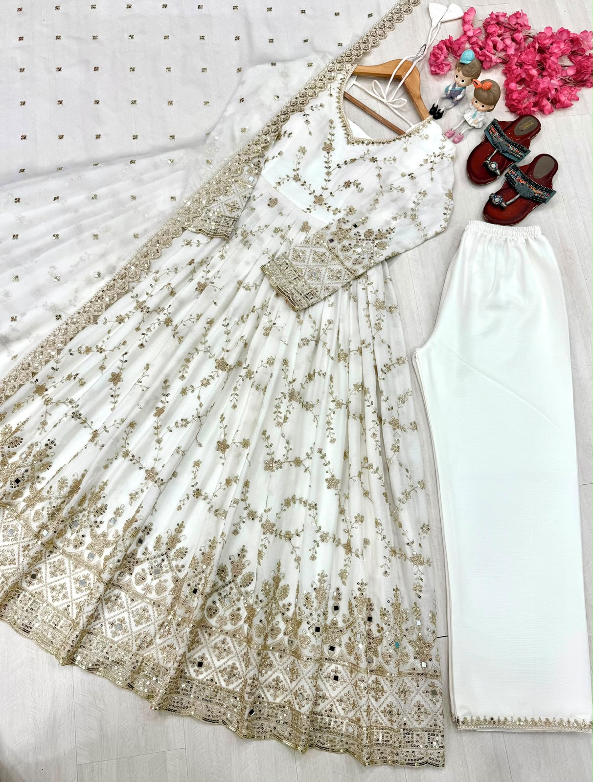 Red anarkali gown flat lay with bottom and dupatta - full spread