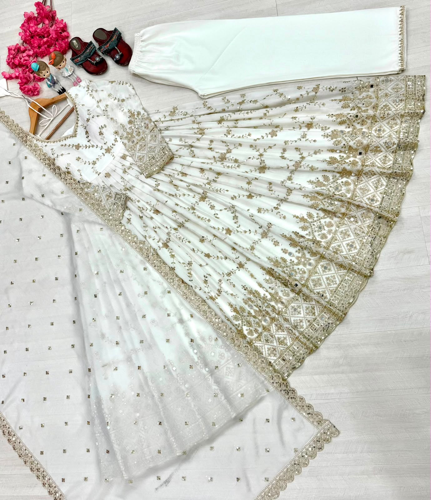Red anarkali gown set - model full length front view in boutique