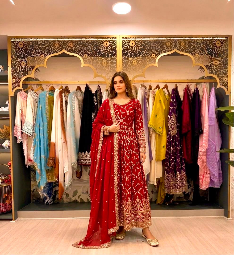 Red anarkali gown and dupatta flat lay - full length flair view