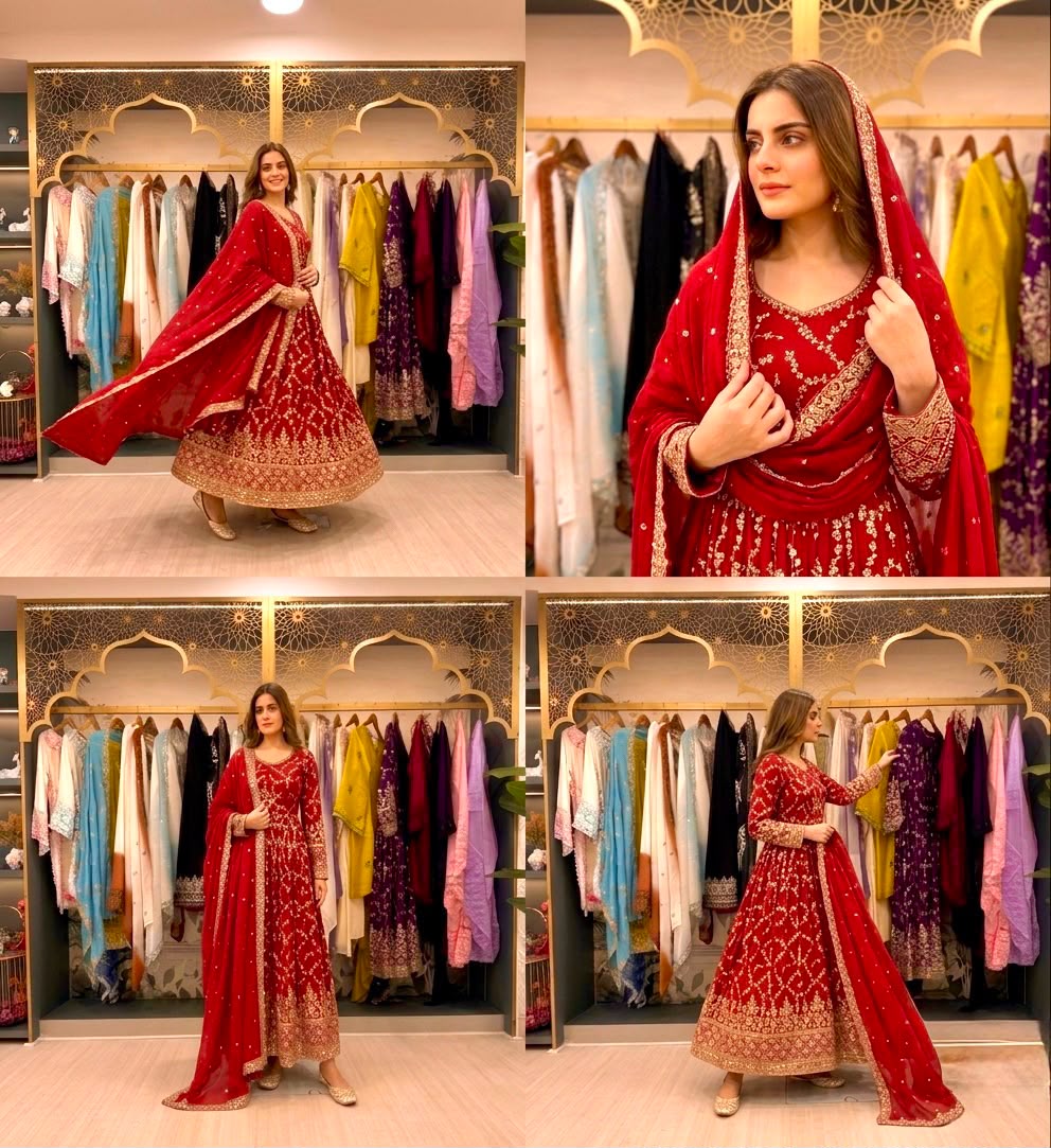 Red anarkali gown flat lay with dupatta spread - angle view