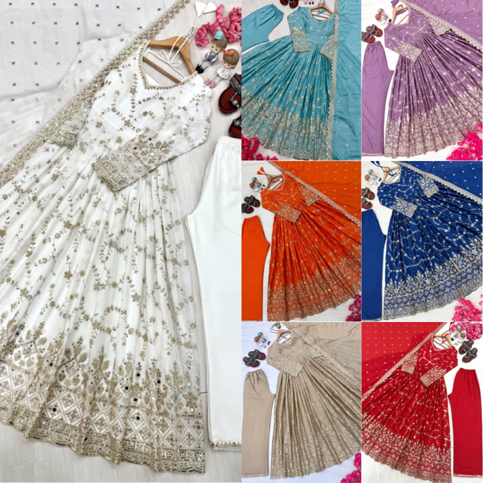 Red Embroidery Anarkali Gown with Bottom and Dupatta | Heavy Chinon Silk | Party Wear