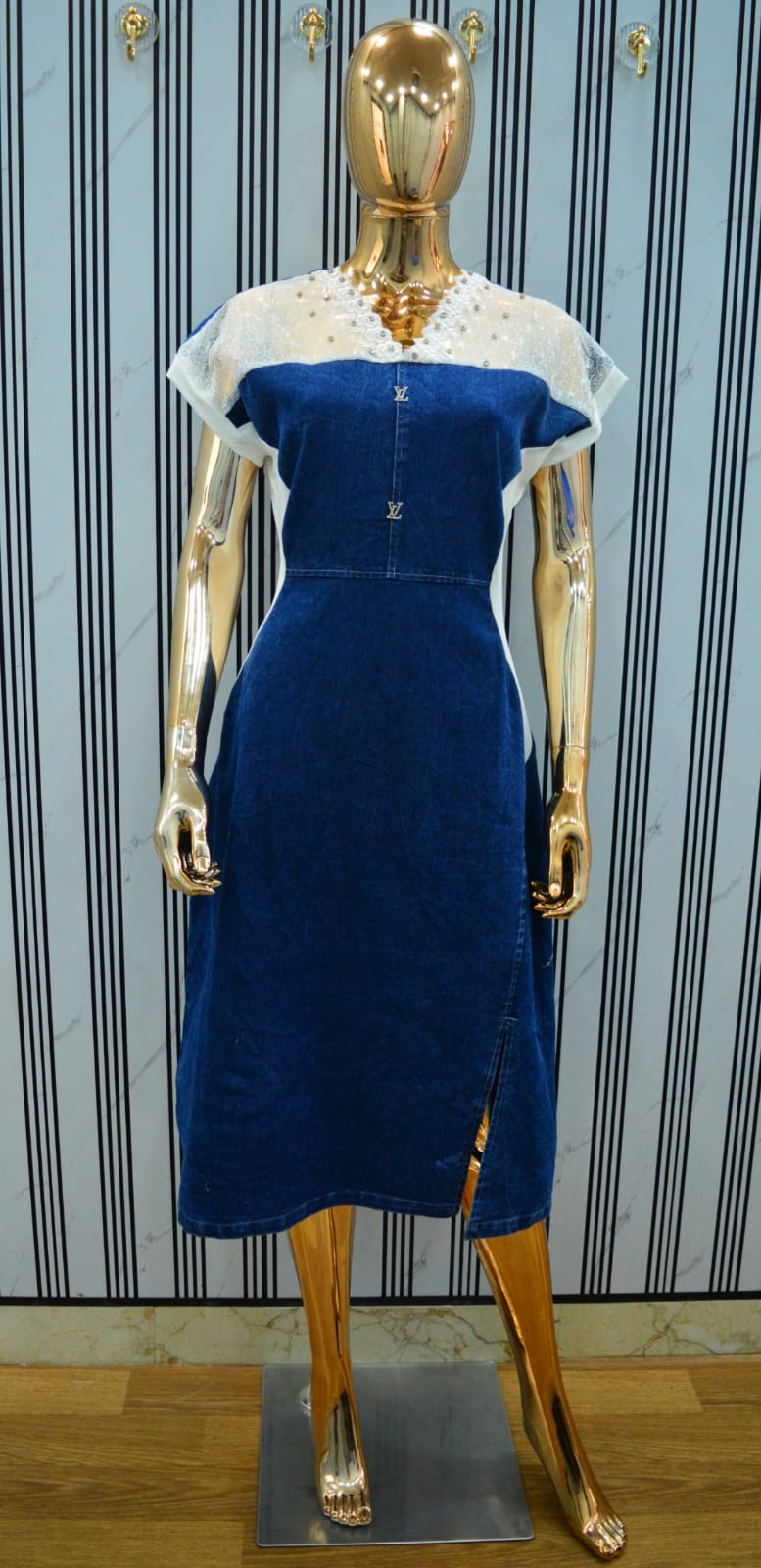 Denim Midi Dress with White Lace Yoke - Mannequin Front View