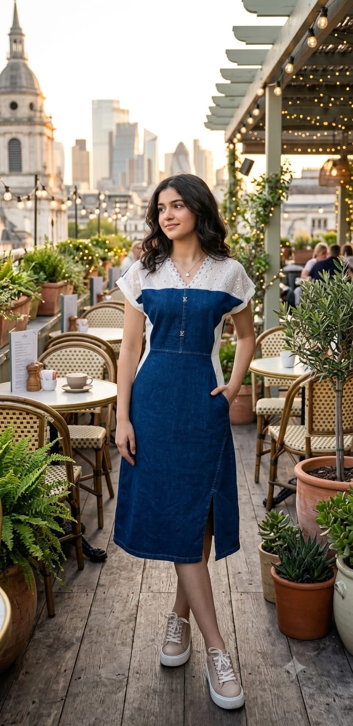Denim Midi Dress with White Lace Yoke - Model Wearing on Rooftop
