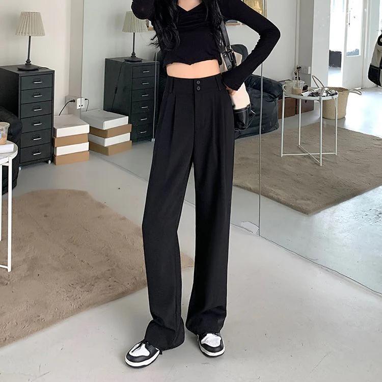 Korean Formal Wide-Leg Trousers - Model Wearing Black Indoor Full Length
