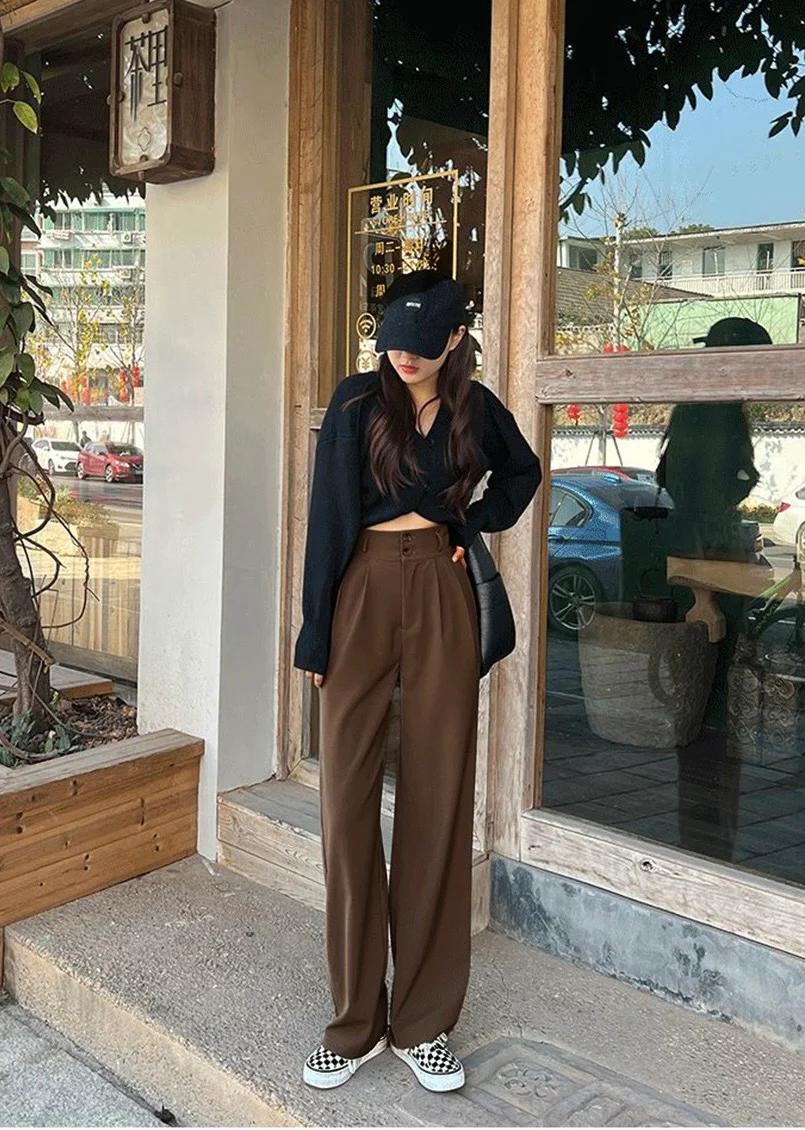 Korean Formal Wide-Leg Trousers - Model Wearing Dark Brown Outdoor Full Length