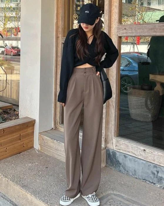 Korean Formal Wide-Leg Trousers - Model Wearing Mocha Brown Outdoor
