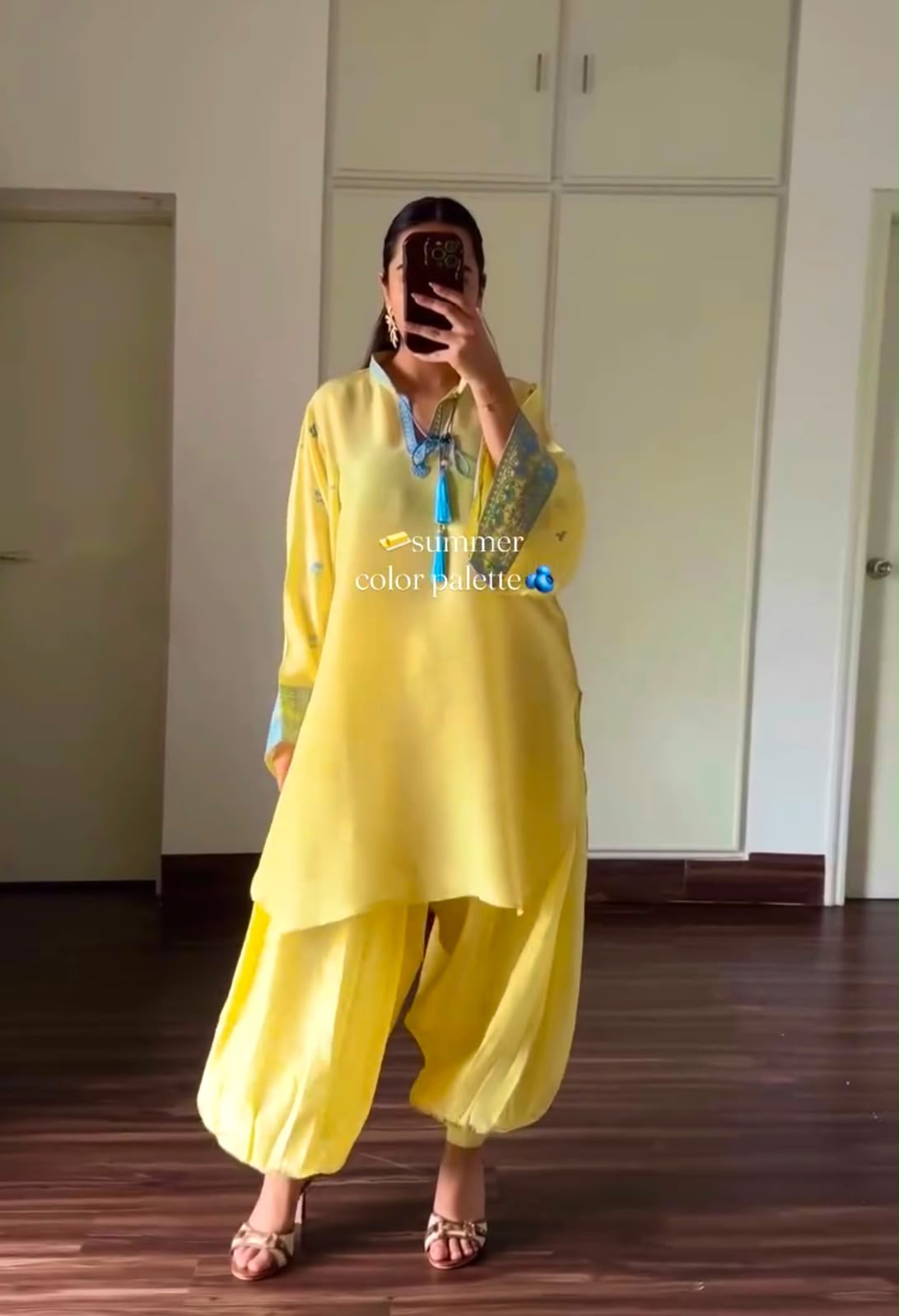 Designer yellow coord set - model wearing full look with dupatta