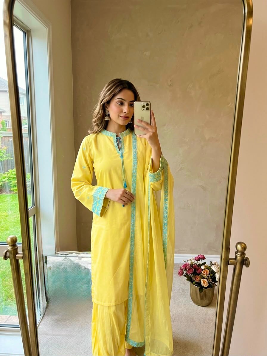 Designer yellow coord set - full length view with dupatta