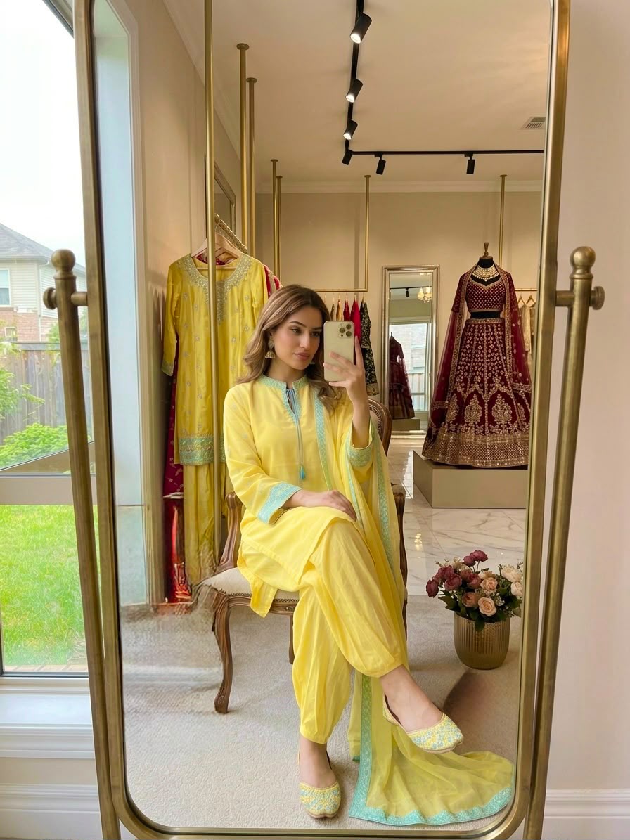 Designer yellow coord set - flat lay with dupatta