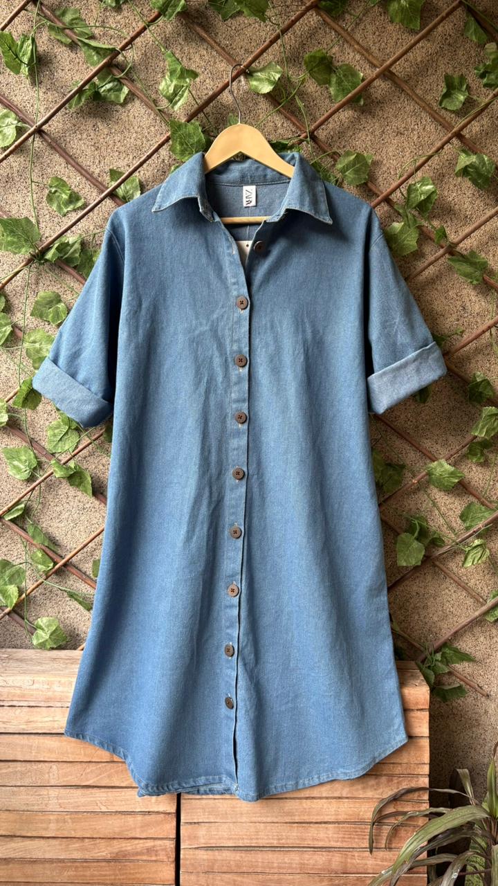 Denim Tunic with Pocket - Light Blue Full Length on Hanger Outdoor
