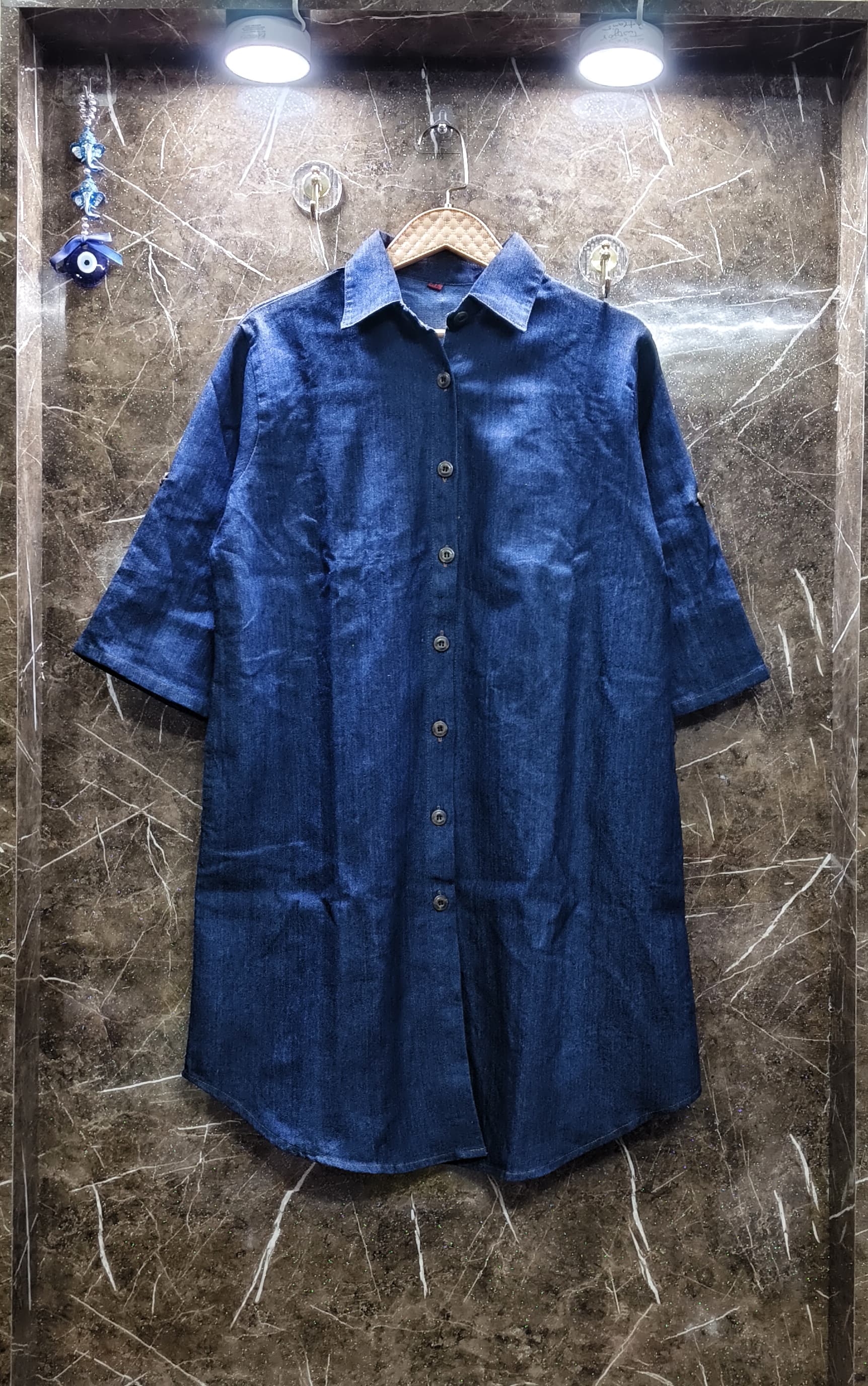 Denim Tunic with Pocket - Dark Blue Full Length on Hanger Indoor
