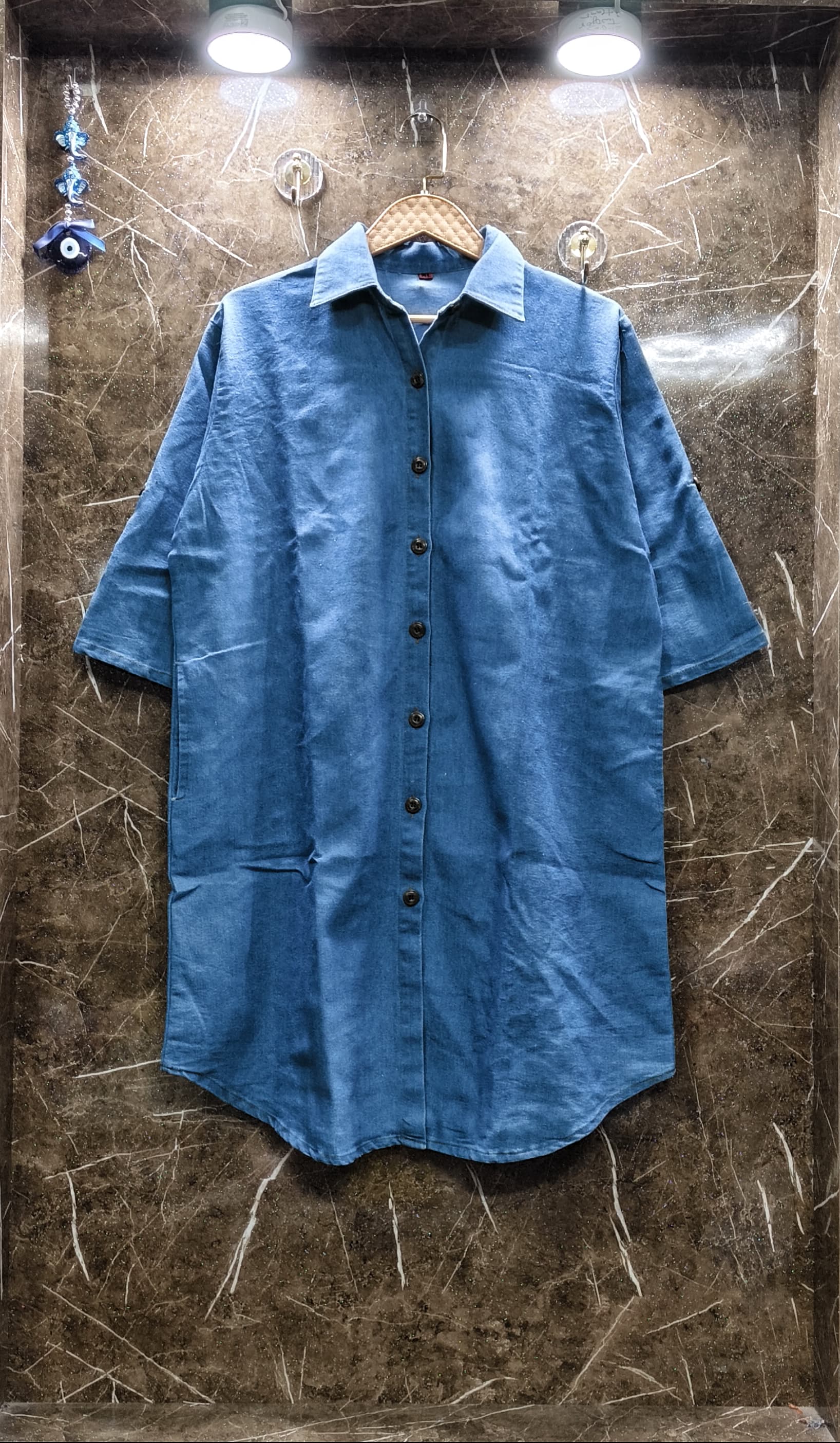 Denim Tunic with Pocket - Light Blue Full Length on Hanger Indoor