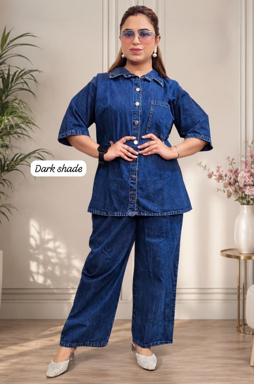 Premium Washed Denim Co-ord Set - Plus Size Model Wearing Dark Blue Full Length