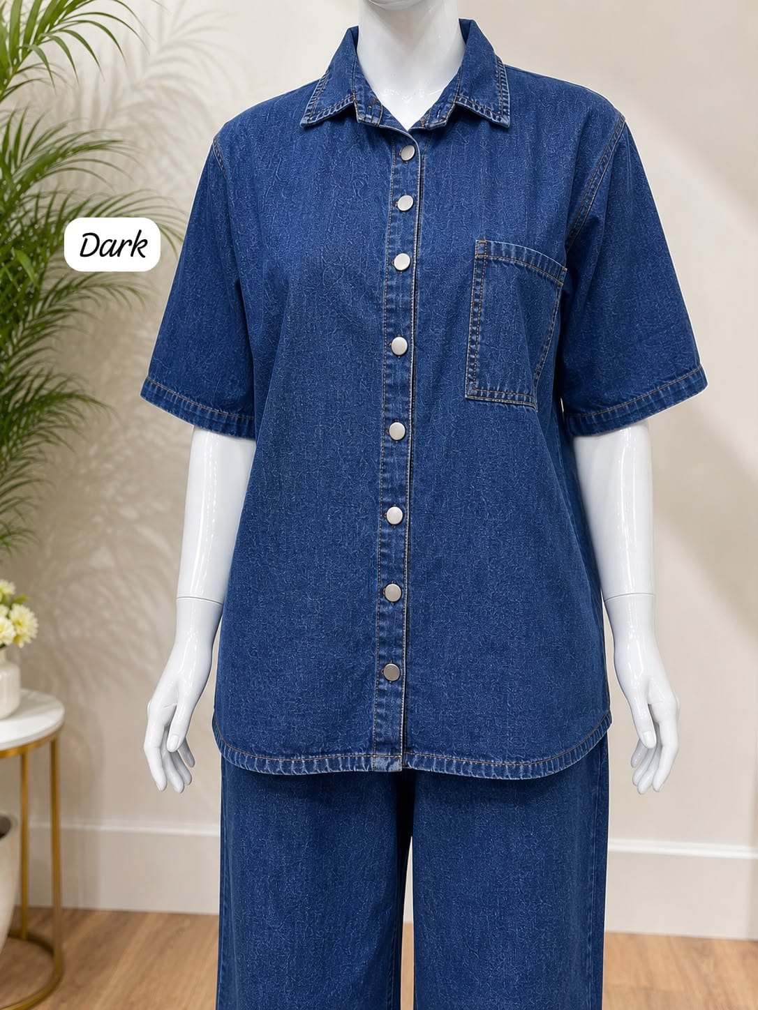 Premium Washed Denim Co-ord Set - Light Blue on Mannequin Full Length