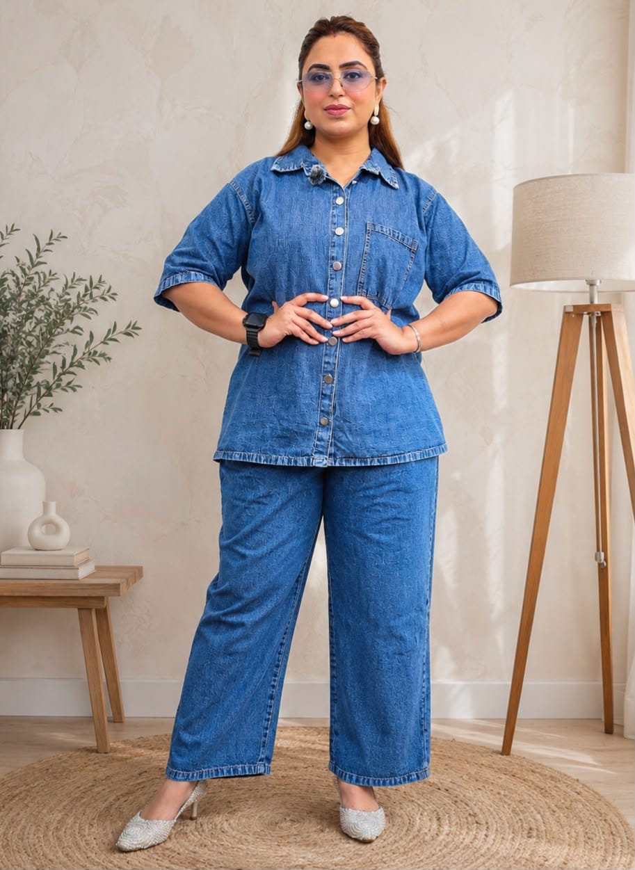 Premium Washed Denim Co-ord Set - Model Wearing Light Blue Casual Indoor