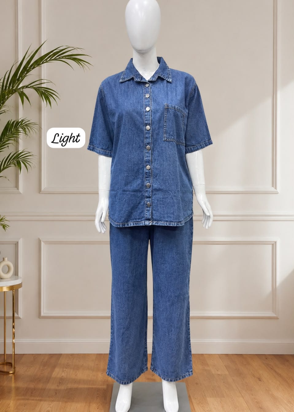 Premium Washed Denim Co-ord Set - Model Wearing Dark Blue Full Length Indoor