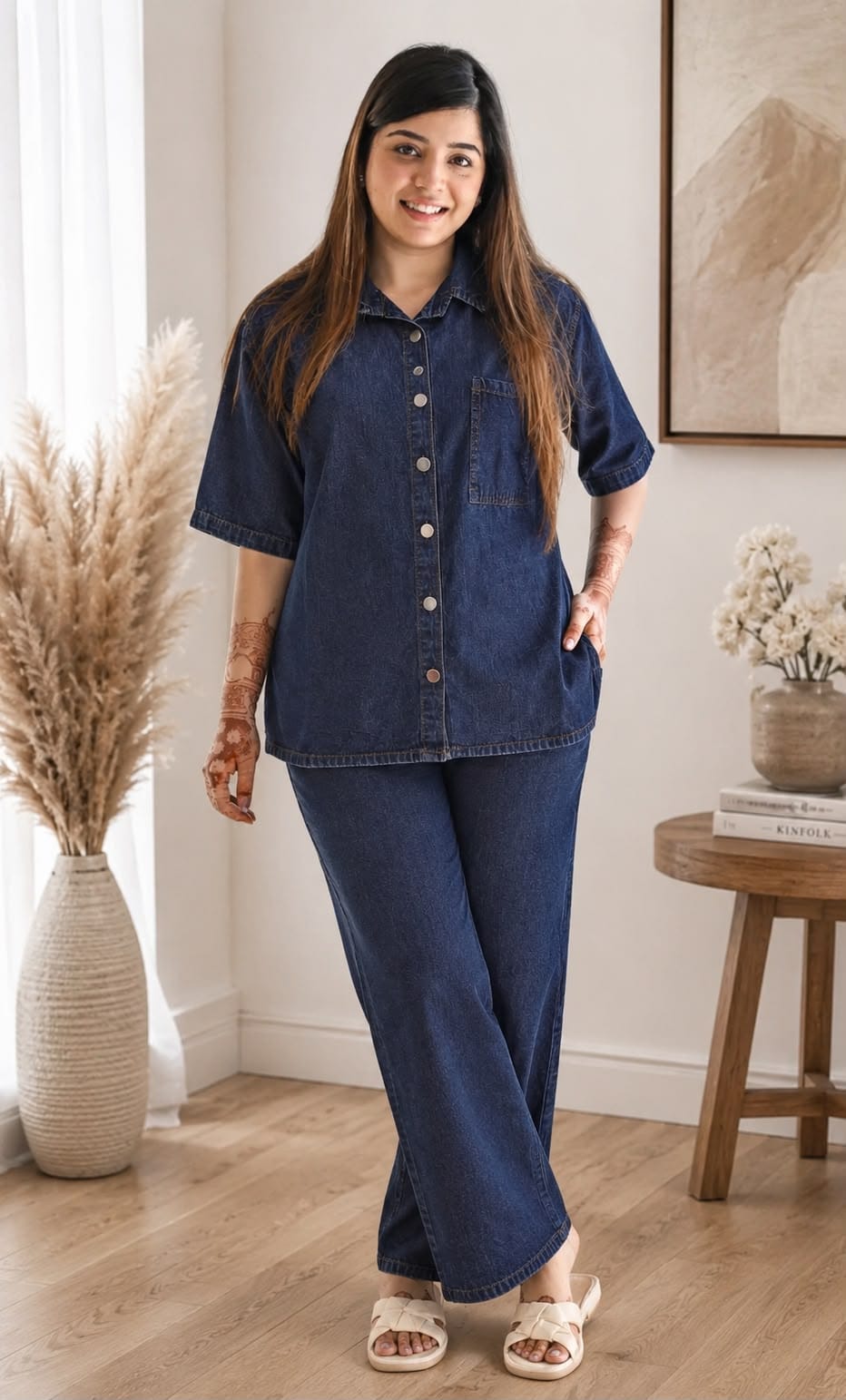 Premium Washed Denim Co-ord Set - Dark Blue Top Close Up Snap Button & Patch Pocket Detail