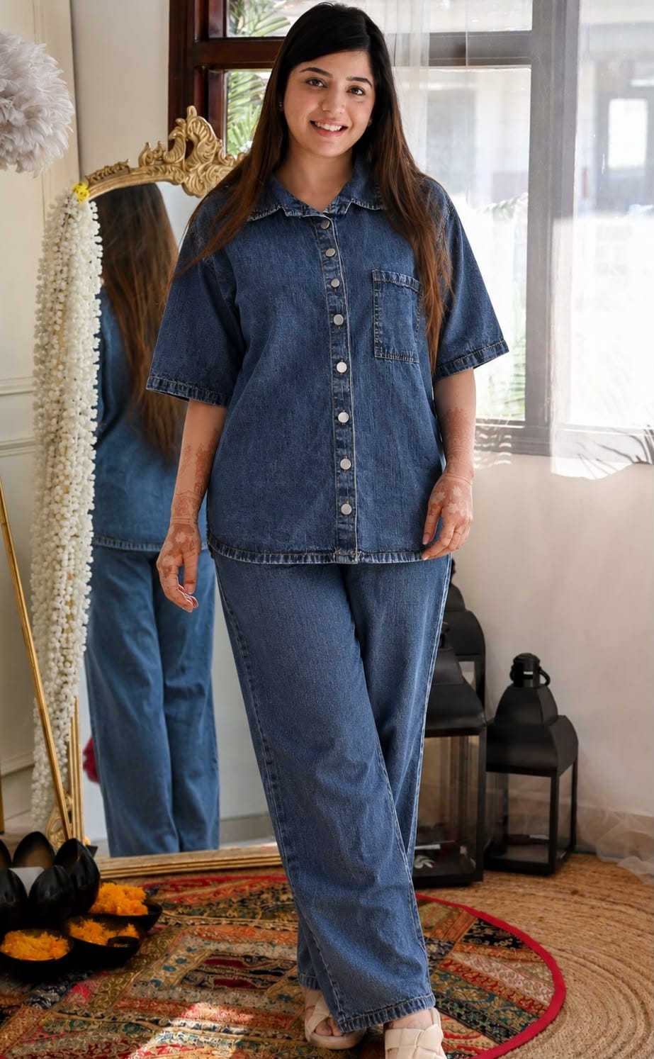 Premium Washed Denim Co-ord Set - Model Wearing Dark Blue Full Length Mirror