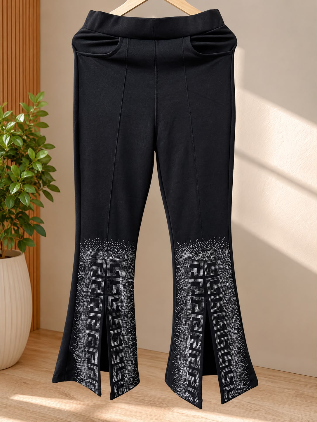 Premium Black Rhinestone Flared Pant - Flat Lay on Hanger Full Length