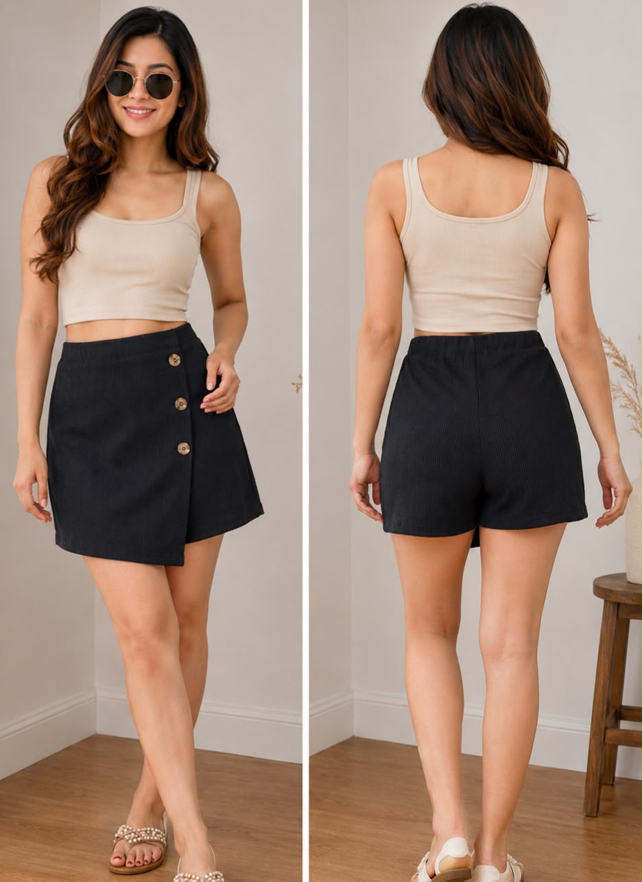 Premium Ribbed Skort - Black Model Wearing Outdoor Full Length