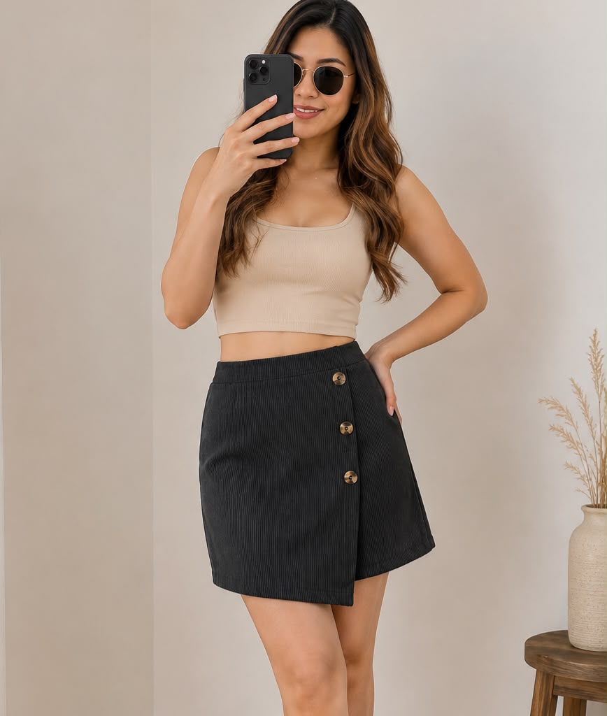 Premium Ribbed Skort - Coffee Brown Model Wearing Outdoor Full Length