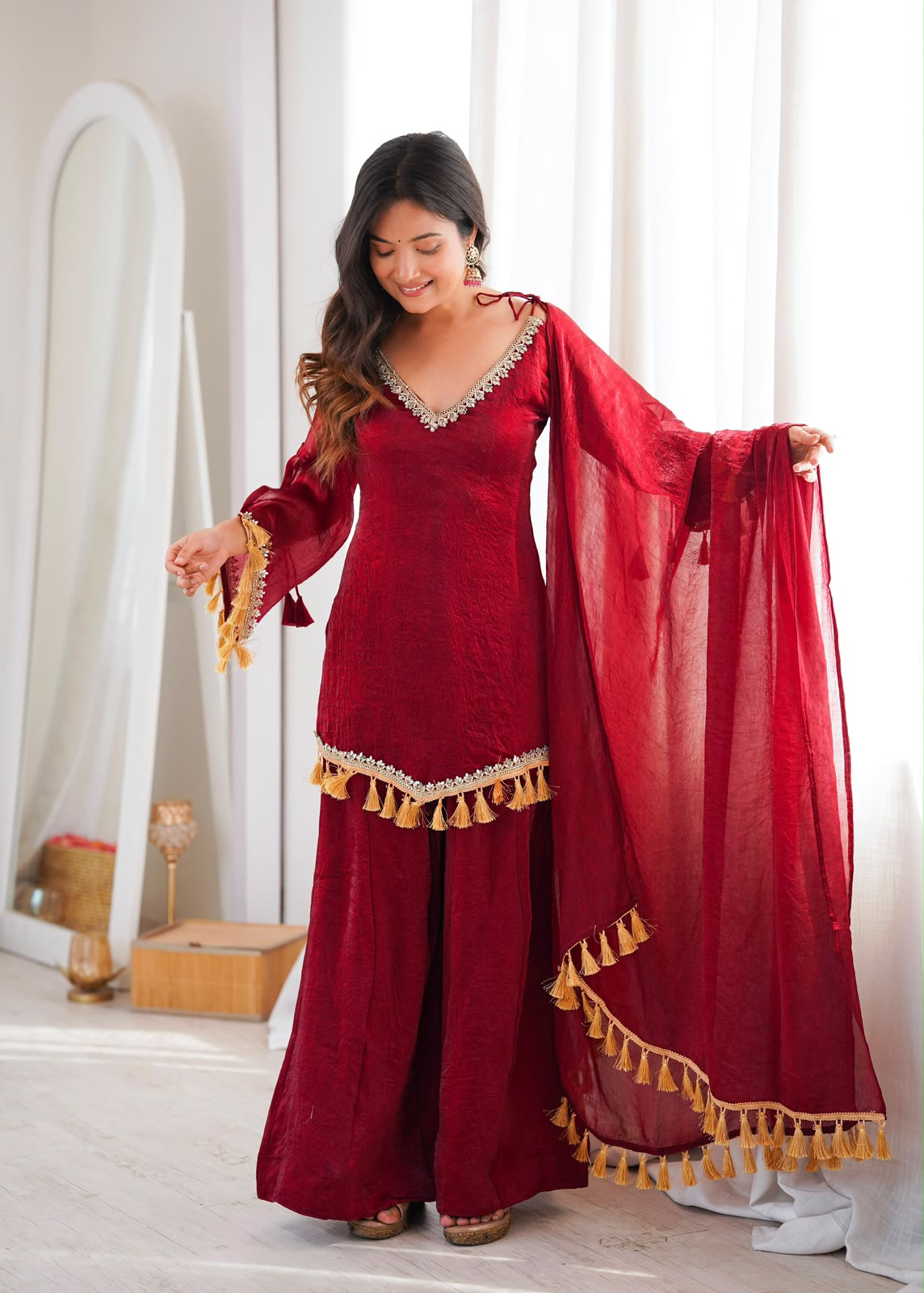 Champagne Doremon Crush Real Mirror Work Lace Border Kurti Palazzo & Dupatta Set