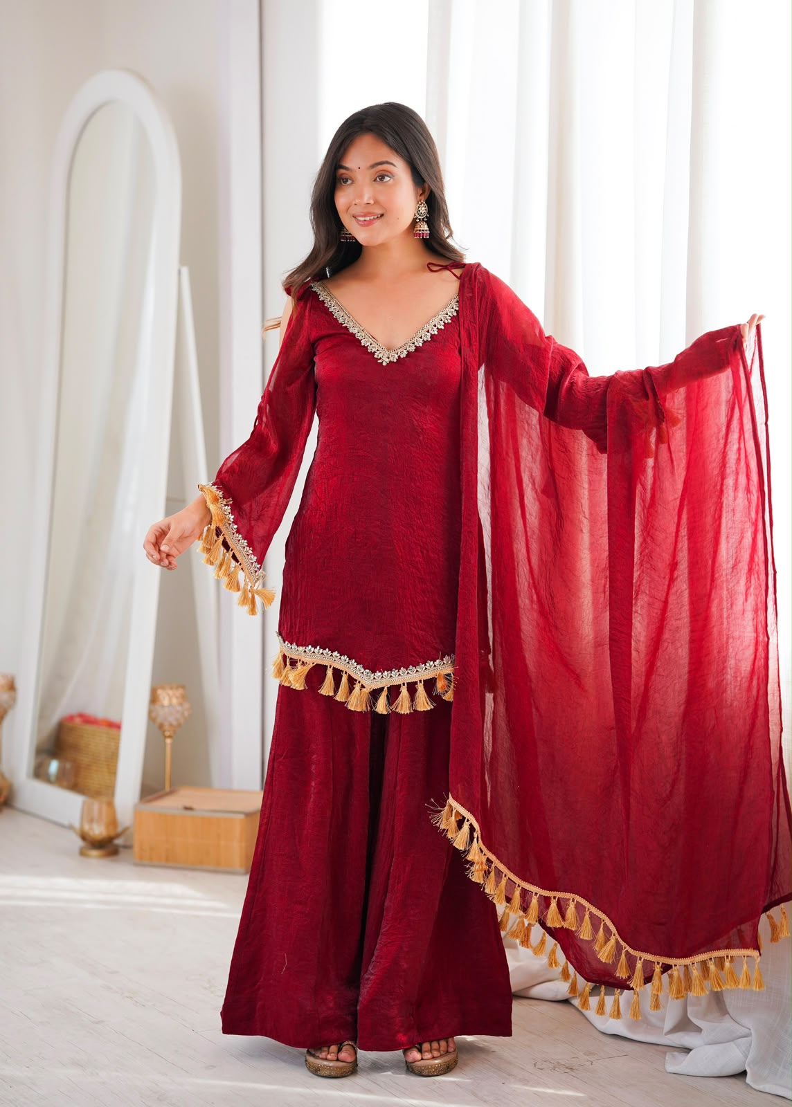 Champagne Doremon Crush Real Mirror Work Lace Border Kurti Palazzo & Dupatta Set