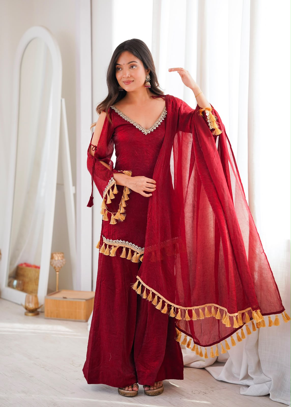 Champagne Doremon Crush Real Mirror Work Lace Border Kurti Palazzo & Dupatta Set