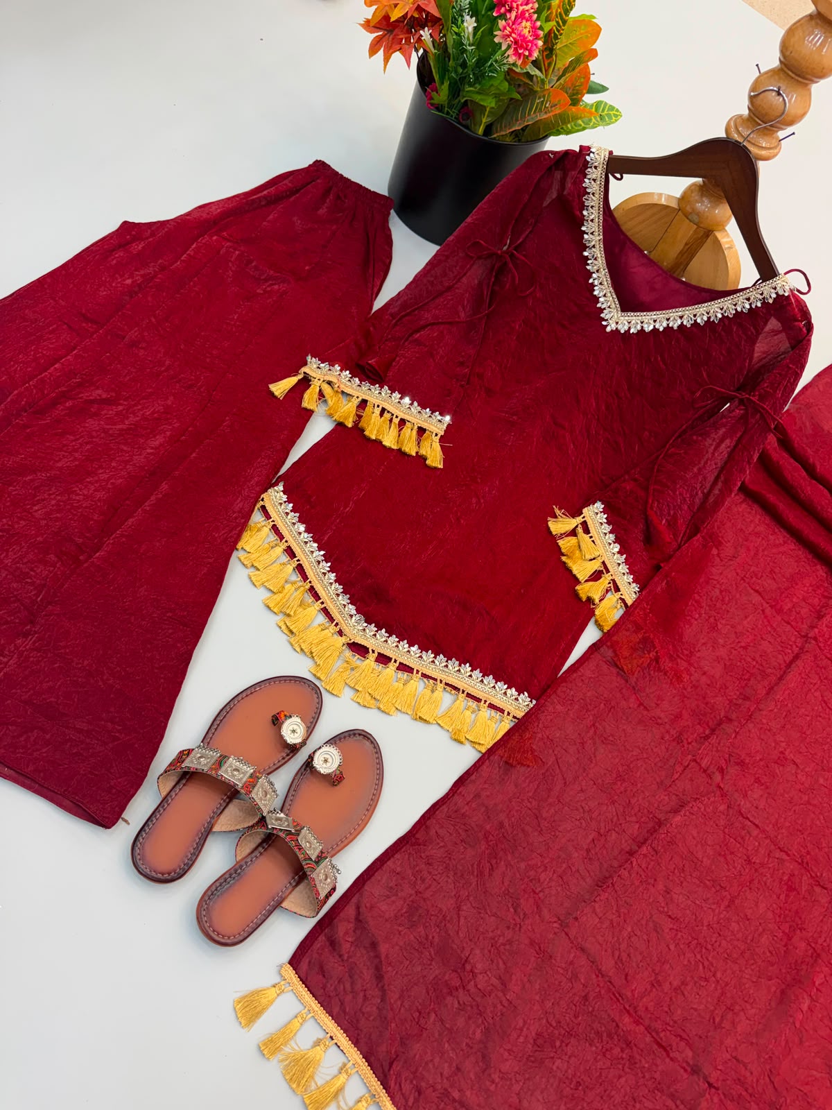 Champagne Doremon Crush Real Mirror Work Lace Border Kurti Palazzo & Dupatta Set