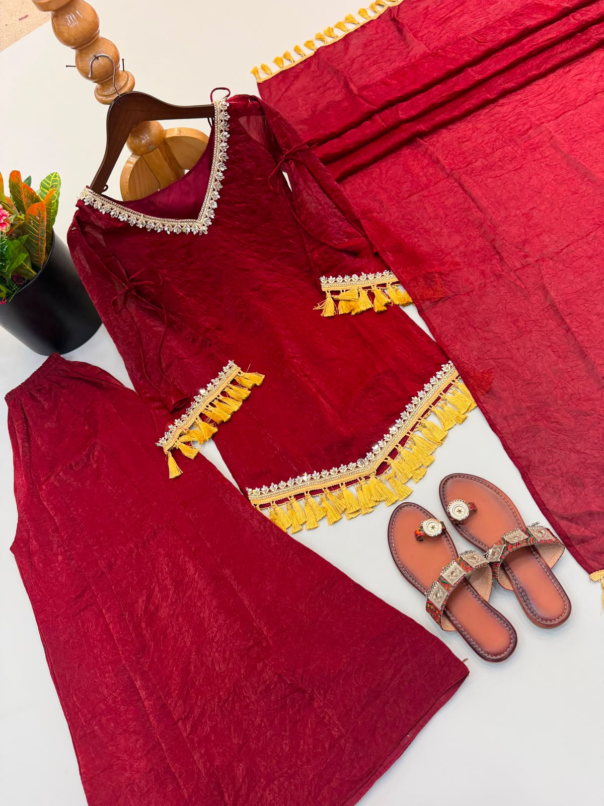 Champagne Doremon Crush Real Mirror Work Lace Border Kurti Palazzo & Dupatta Set