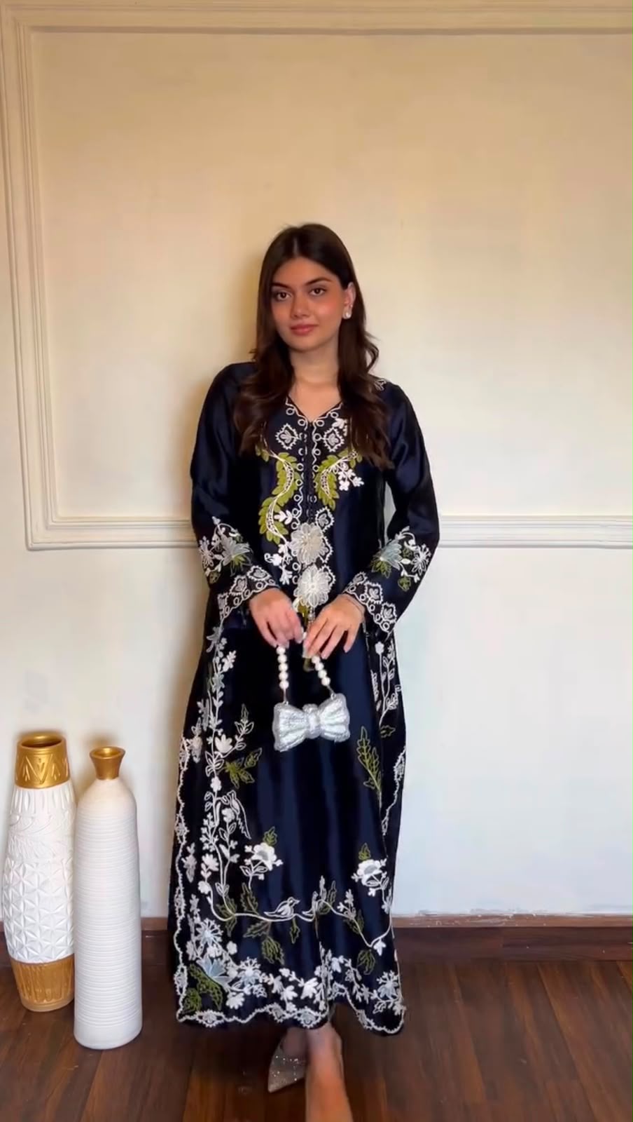 Designer navy blue kaftan set - model full length front view