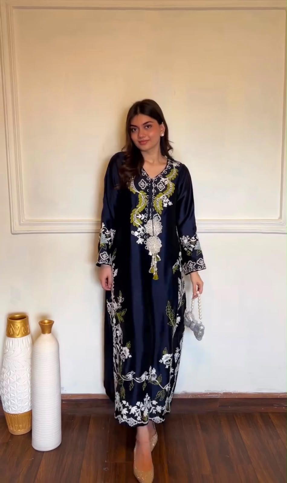 Designer navy blue kaftan set - mirror selfie full length