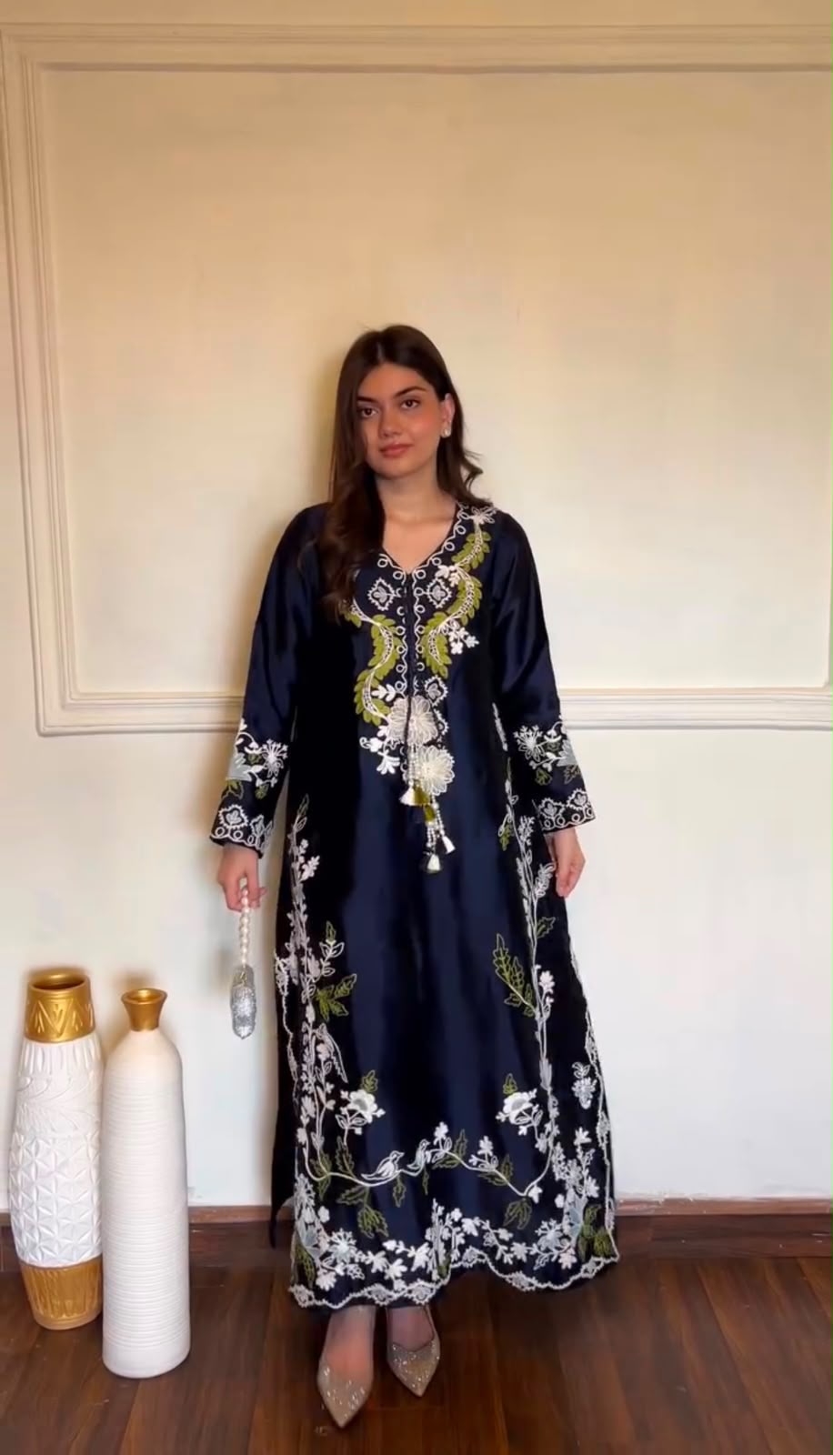 Designer navy blue kaftan set - mirror selfie side view