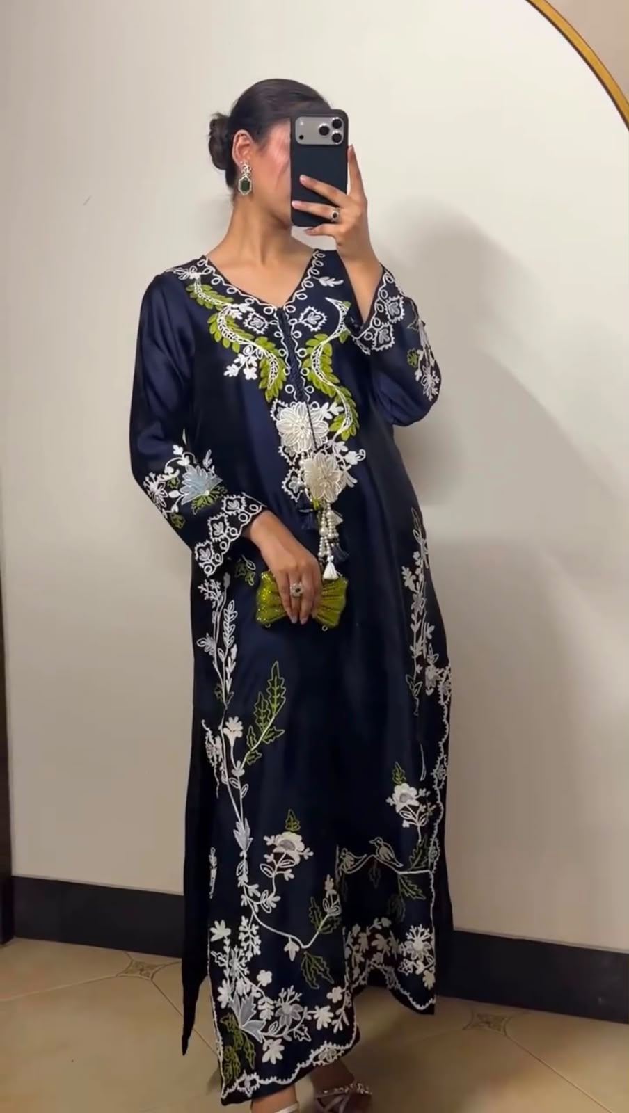 Designer navy blue kaftan set - model front view with pearl bag