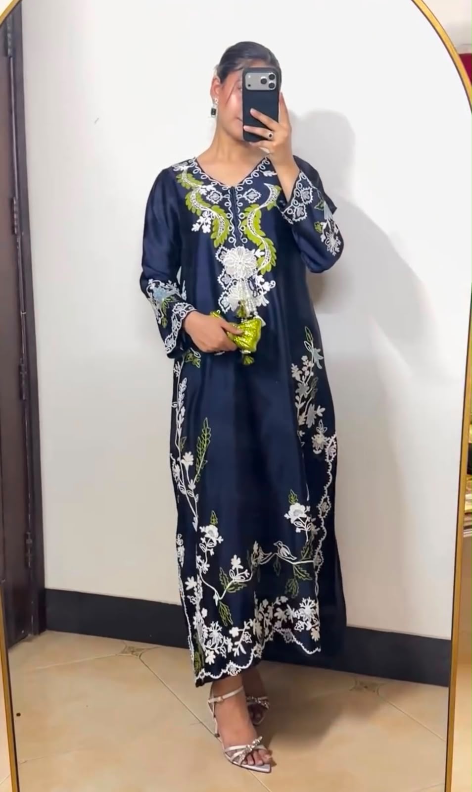 Designer navy blue kaftan set - flat lay with olive dupatta
